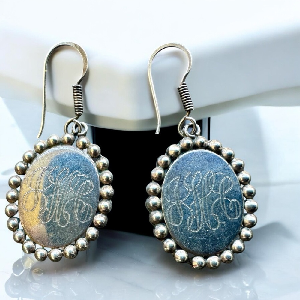 Monogrammed Earring, Sterling Silver Engraved Ear… - image 1